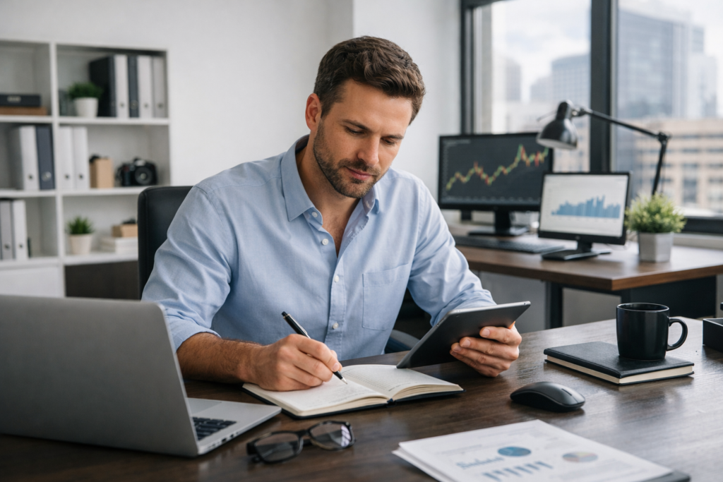 Business professional analyzing financial data at a modern office desk, using a tablet and notebook with stock market charts on computer screens