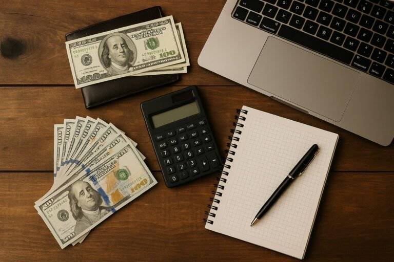 Desk with cash and calculator for managing side hustle earnings