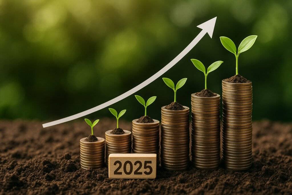 Growing plant with coins representing passive income growth in 2025