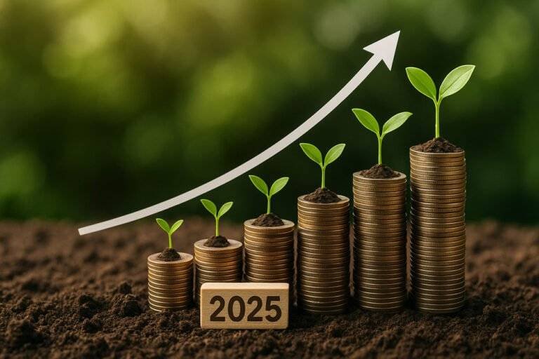 Growing plant with coins representing passive income growth in 2025