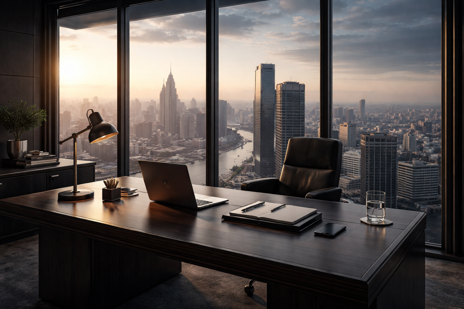 Modern executive office with a desk, laptop, and city skyline view through floor-to-ceiling windows at sunset.