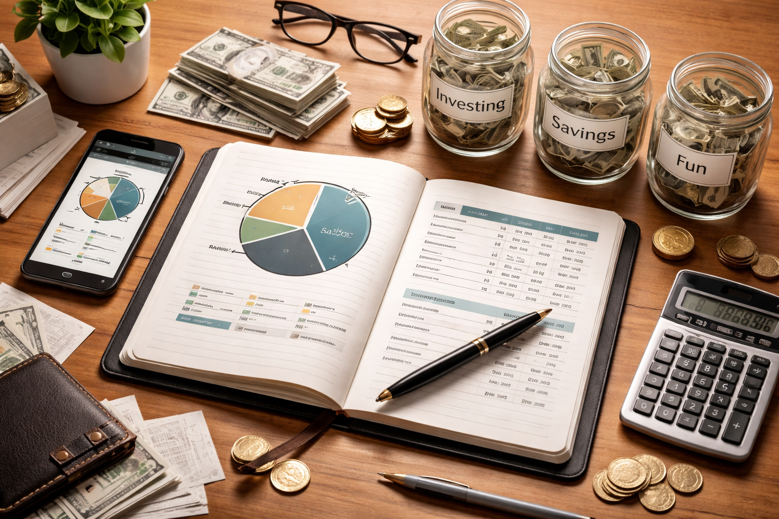 Business analytics workspace with financial reports, pie charts, calculator, coins, and stacked jars of cash on a wooden desk.
