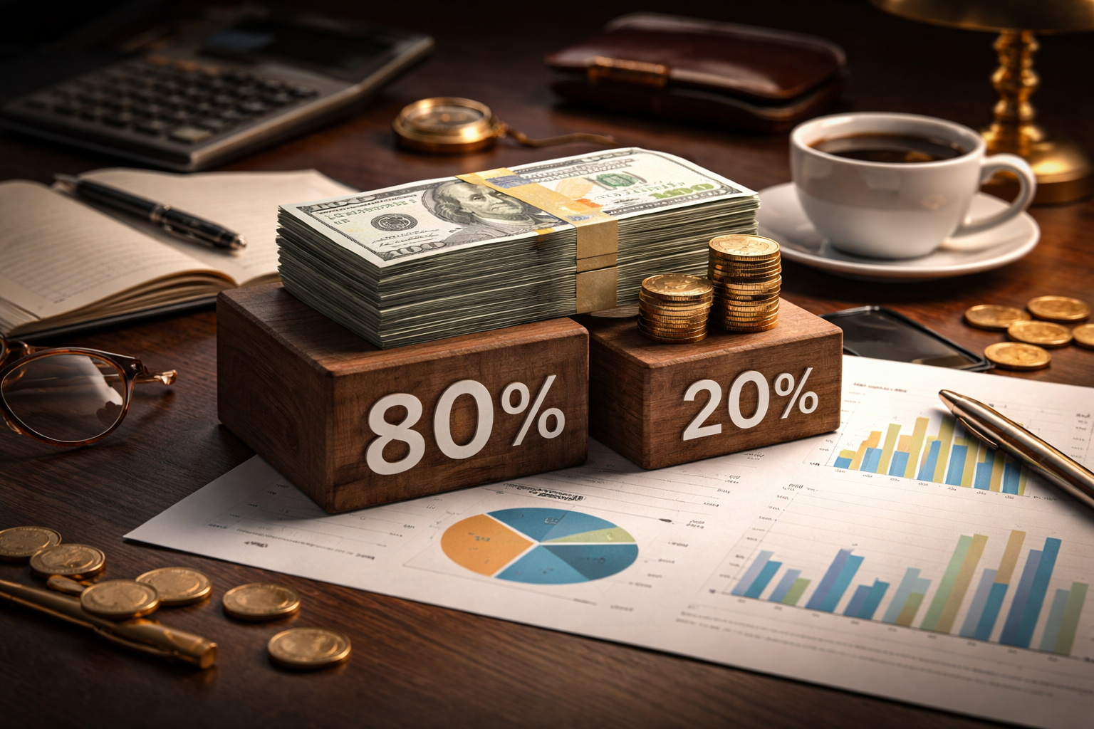 Money allocation chart showing 80/20 rule for personal finance and investing