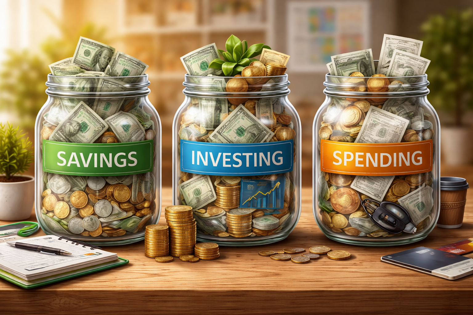 Glass jars labeled saving, investing and spending illustrating smart money management