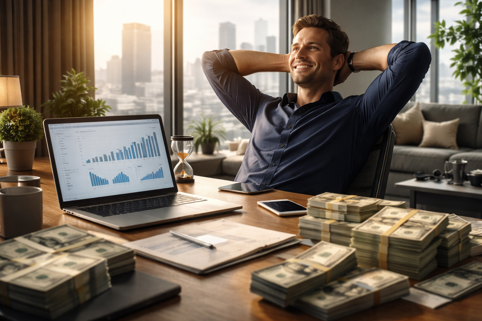 Entrepreneur relaxing while reviewing financial charts and passive income results