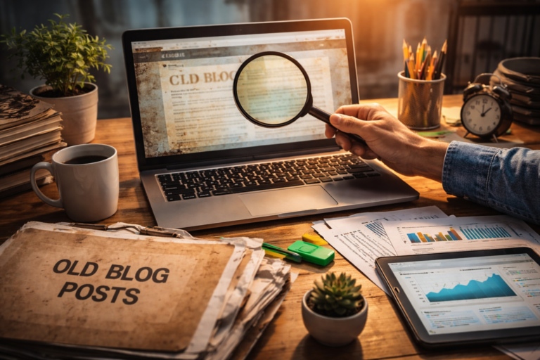 Laptop displaying blog analytics with cash and notes representing profitable online business