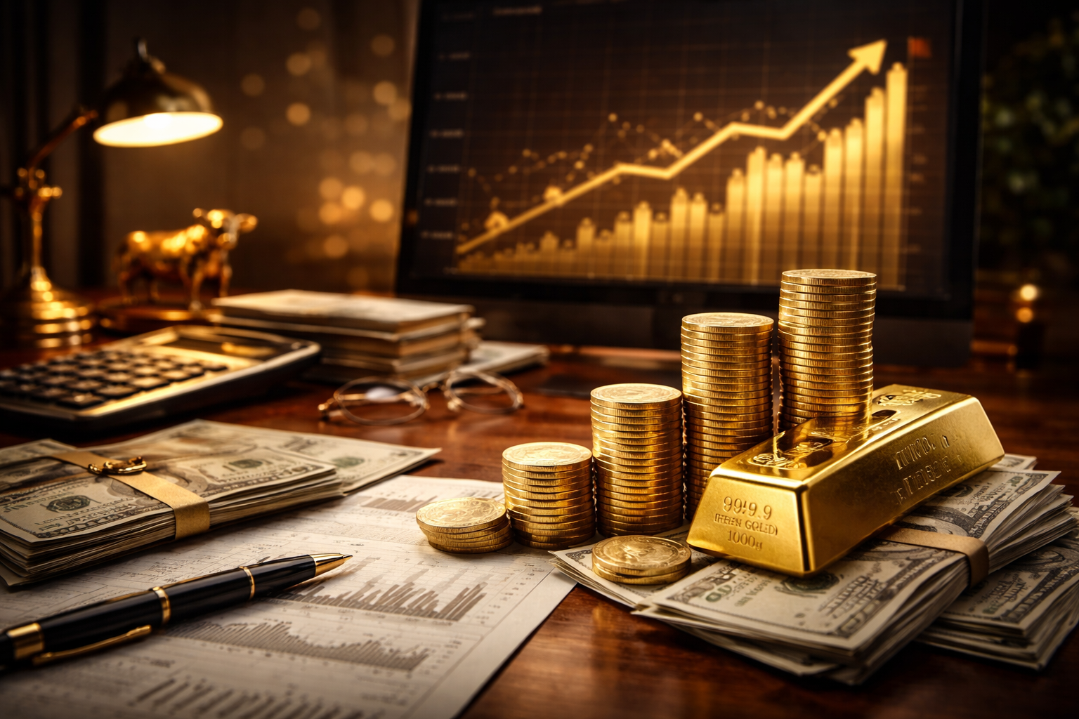 Gold bars and coins on a desk showing financial success and investment growth