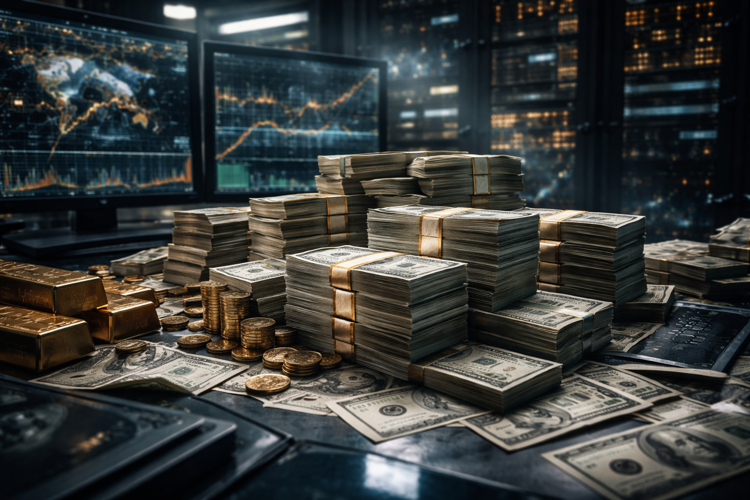 Stacks of cash in a modern financial vault representing online income and wealth accumulation