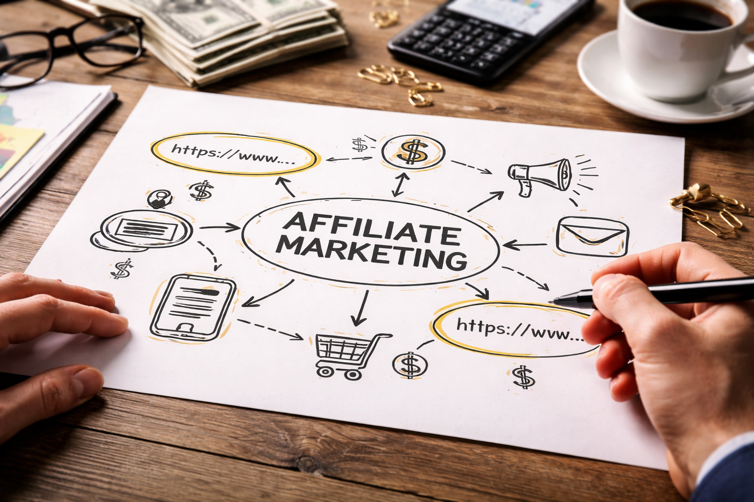 Affiliate marketing strategy sketched on paper with laptop and analytics tools