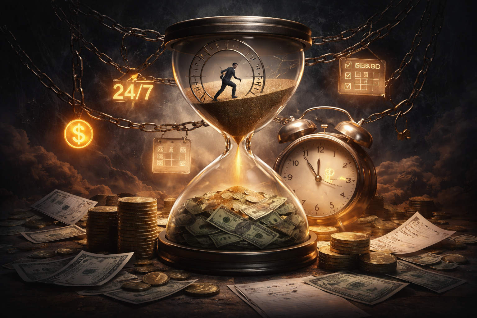 Hourglass with flowing coins illustrating time-based investing and compound growth