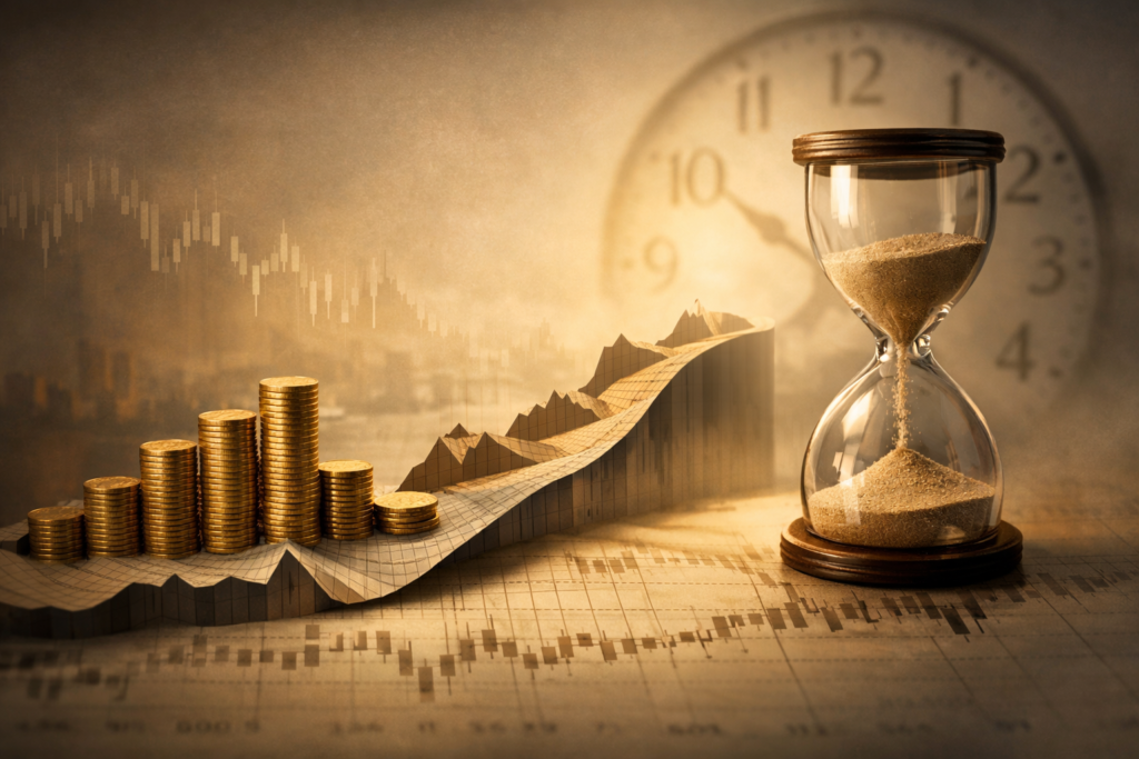 Golden hourglass and stacked coins symbolizing wealth growth, patience and financial planning