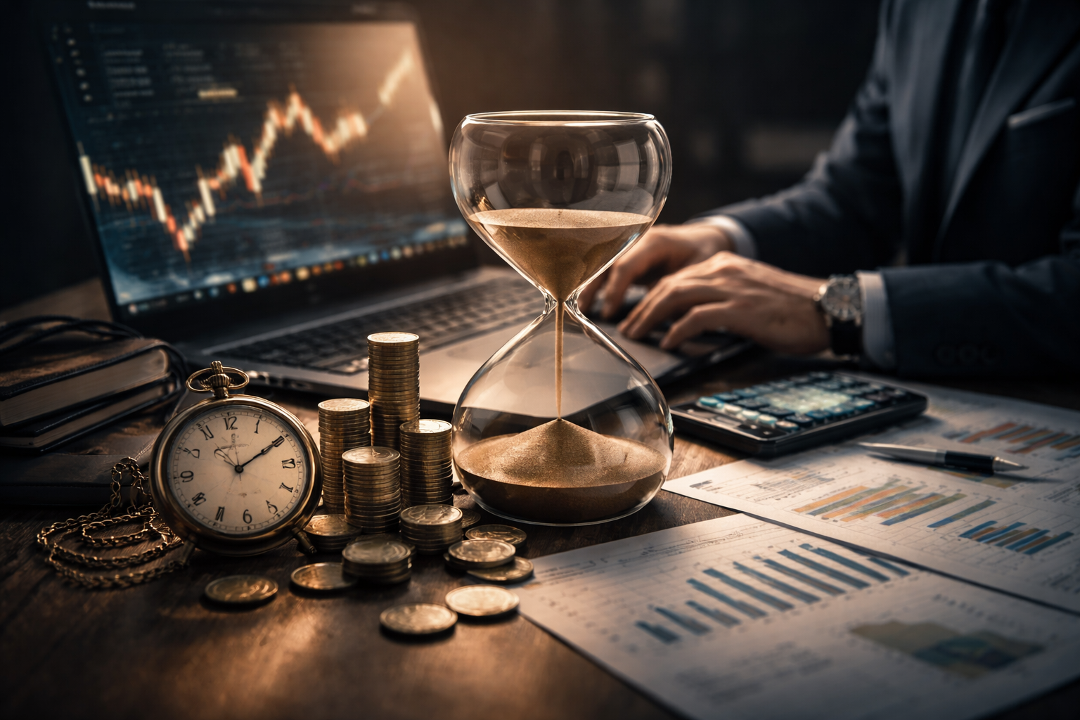 Time and money concept with hourglass, financial charts and gold coins representing long-term investing strategy