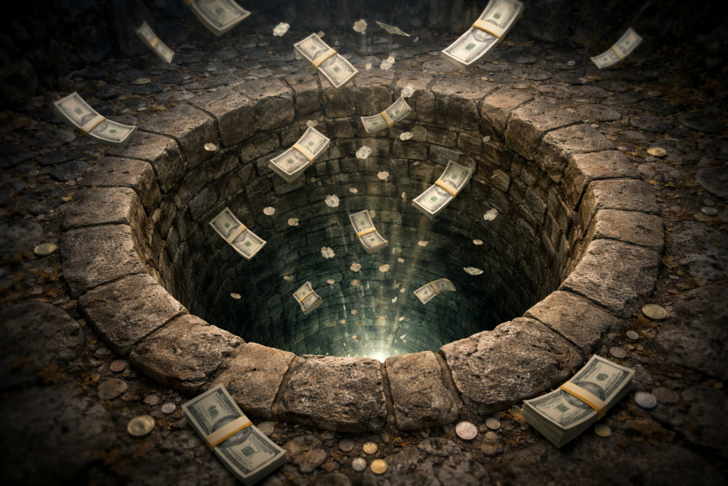 Deep well filled with money, symbolizing financial traps, debt cycles, or loss of wealth.