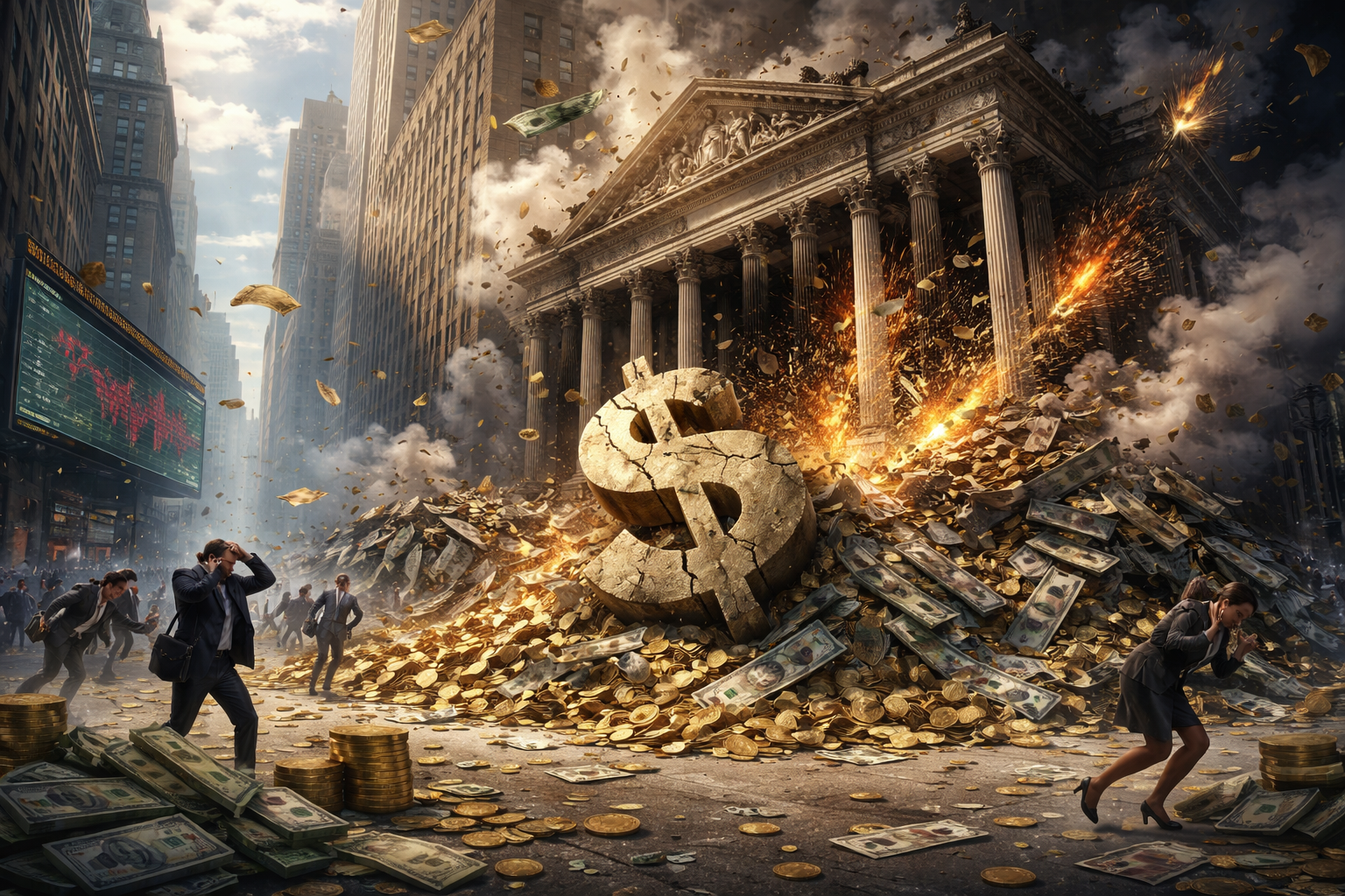 Crumbling building shaped like a dollar sign, representing economic collapse or financial crisis.