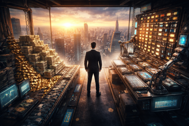 Silhouette of a businessman walking toward a city skyline at sunset, symbolizing financial ambition and success.