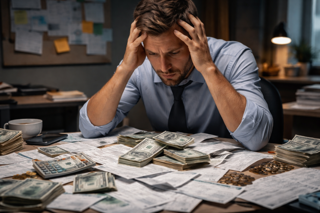 Man holding his head over scattered bills and documents, representing financial stress and debt problems.