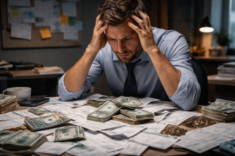 Man holding his head over scattered bills and documents, representing financial stress and debt problems.