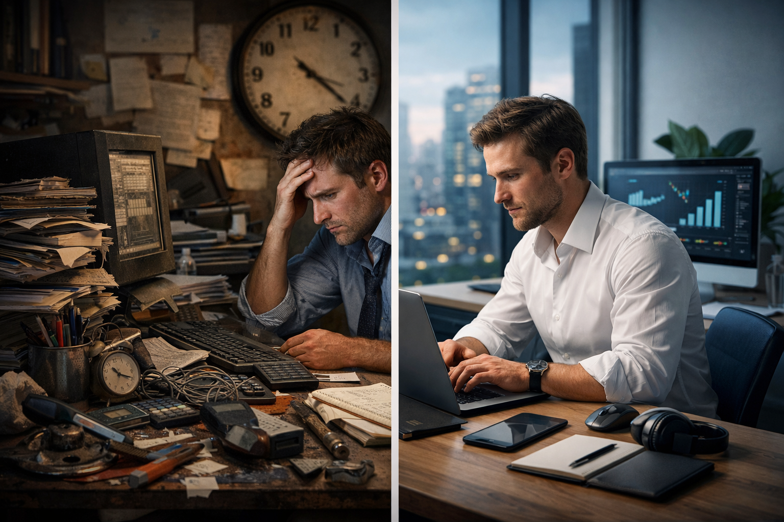 Stressed professionals analyzing financial data late at night, symbolizing work pressure and money management.