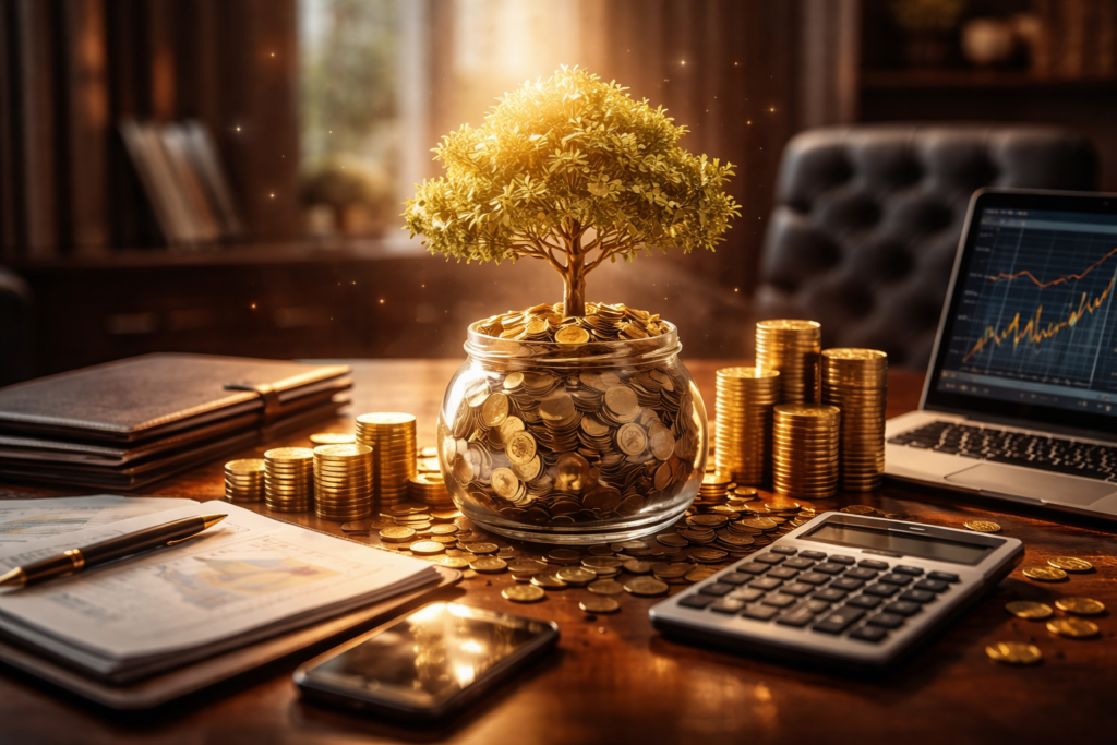 Money tree growing from coins on a desk, representing passive income and wealth creation.