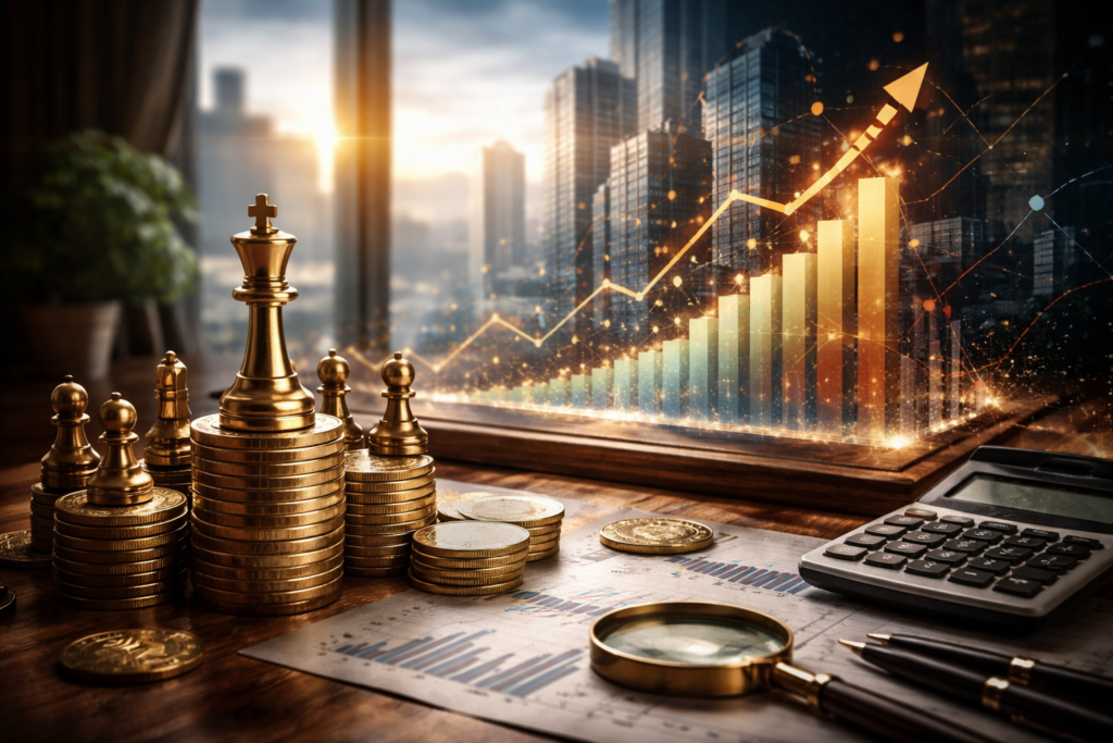 Golden chess piece with rising stock chart in a city background, symbolizing smart investing and strategy.