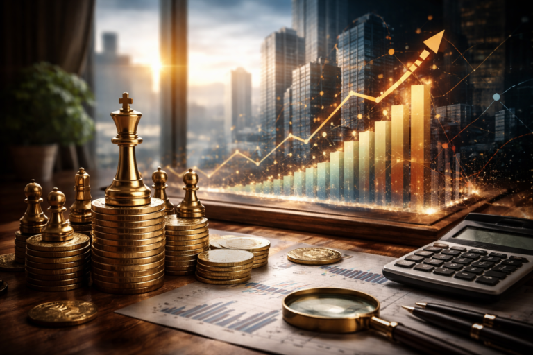 Golden chess piece with rising stock chart in a city background, symbolizing smart investing and strategy.