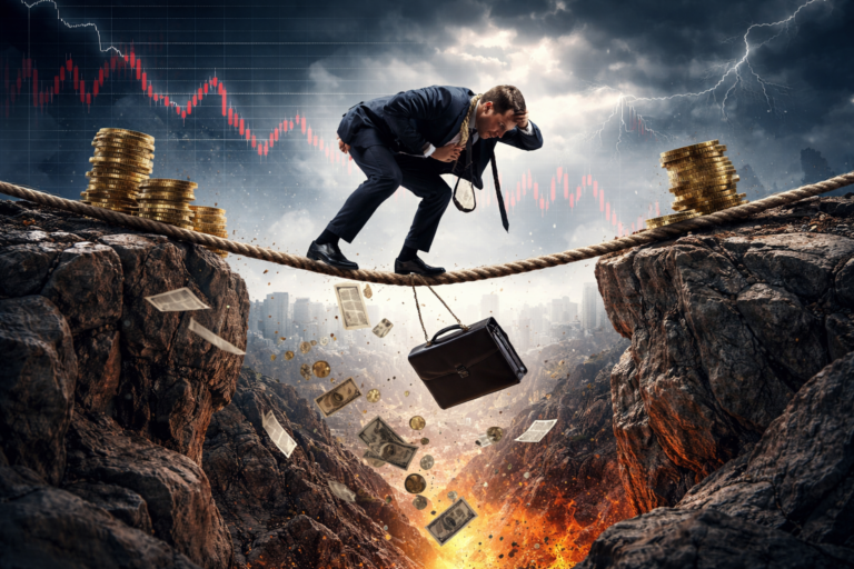 Entrepreneur jumping over a financial gap, representing risk-taking and overcoming money challenges.