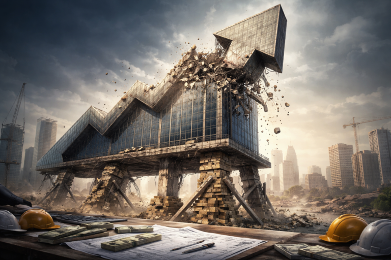 Broken upward arrow and collapsing structure symbolizing market crash or financial downturn.