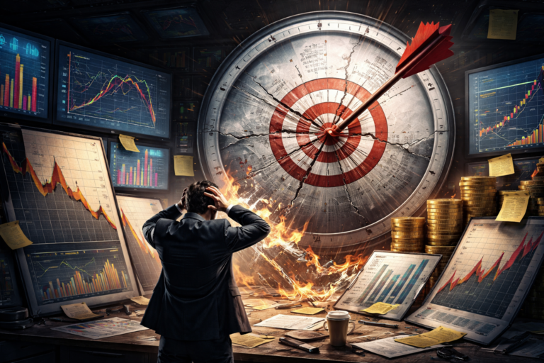 Business professional aiming at a target, representing clear financial goals and investment strategy.