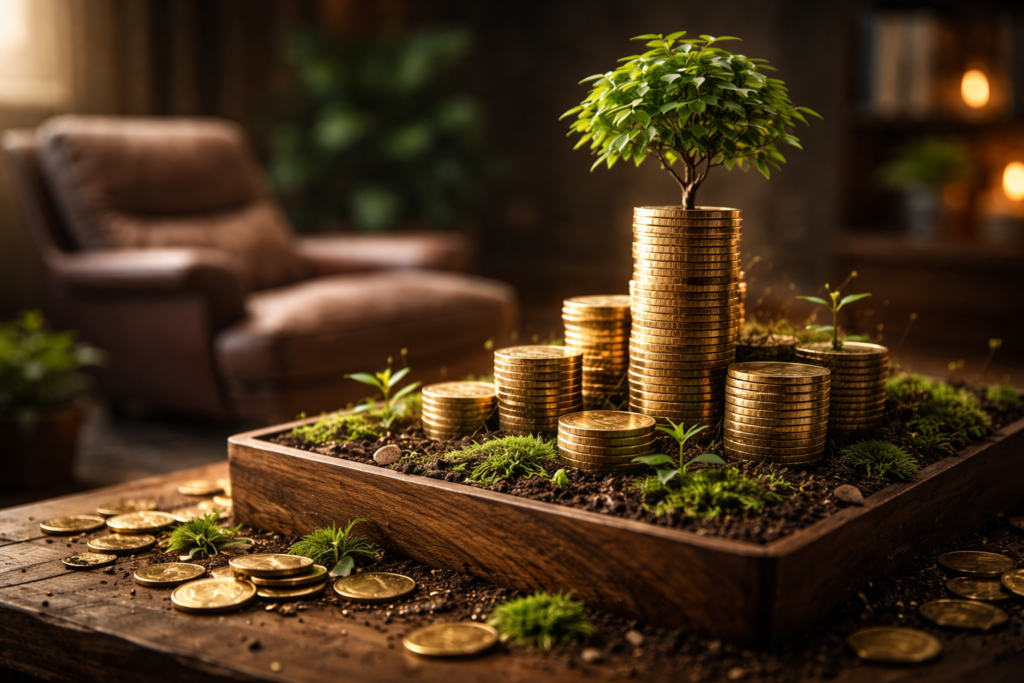 Stack of gold coins with a growing plant symbolizing long-term wealth and financial growth.